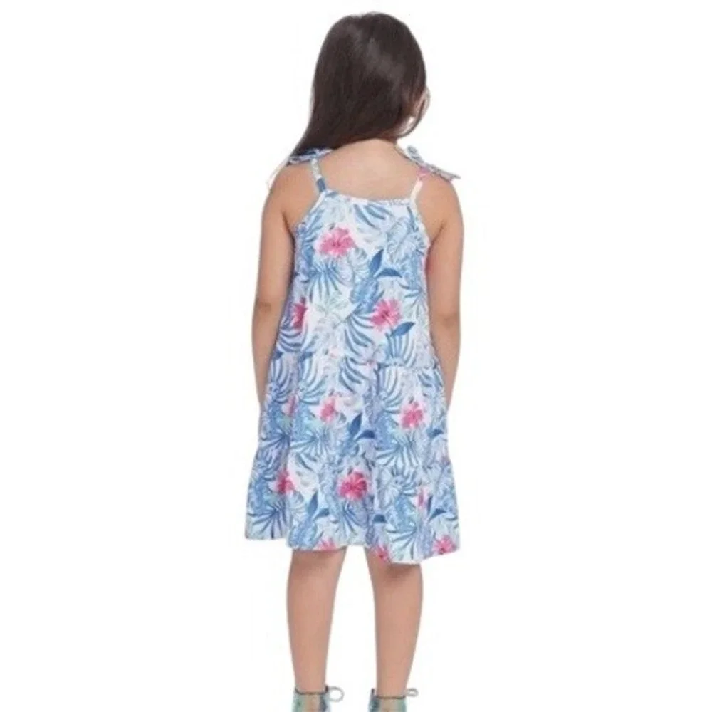 Tommy Bahama Girls 2T Tropical Hibiscus Palm Tiered Tie Shoulder Sundress Blue